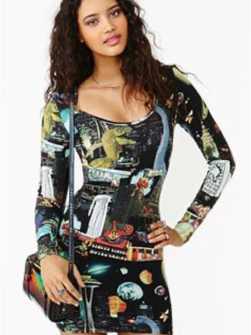 Nameless Black Multi-Print Long Sleeve Bodycon Dress